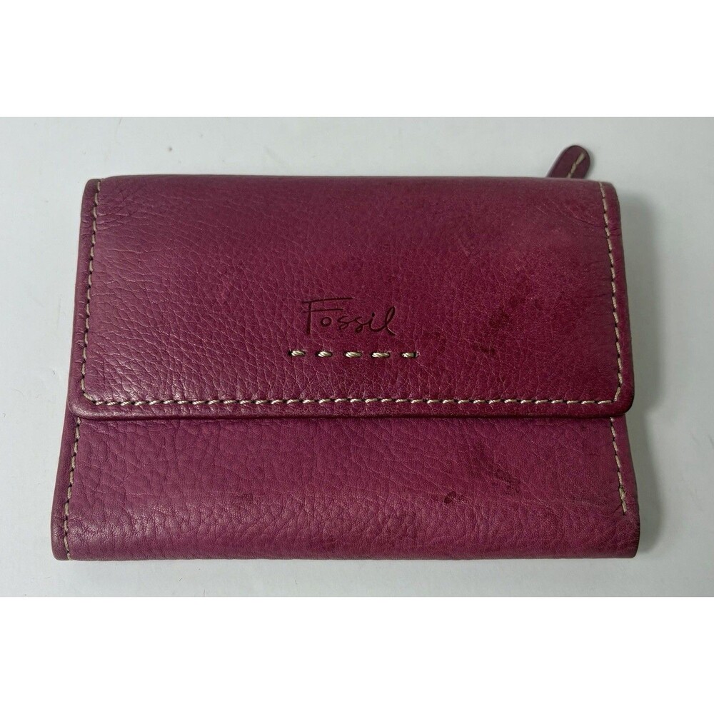 Fossil Tri Fold Ladies Wallet Y2K Snap Closure Purple Genuine Leather 5.5” X 4”